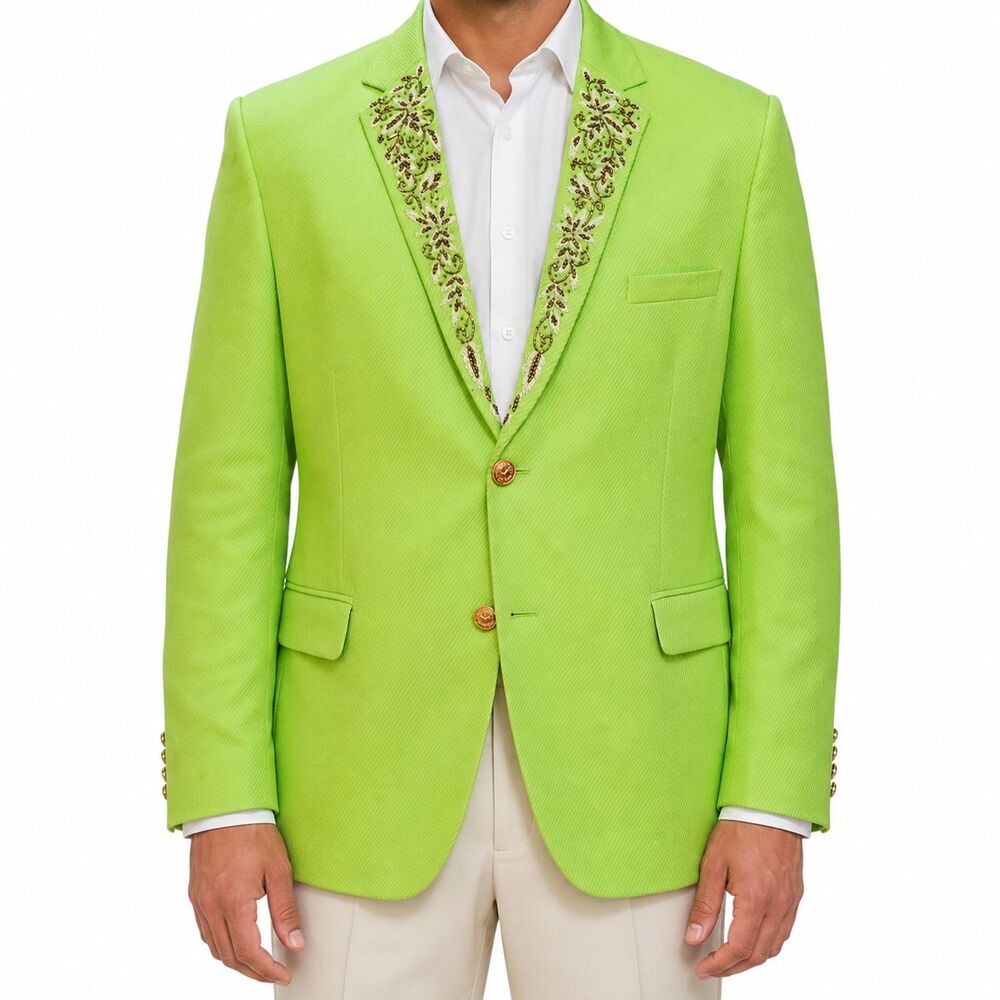 Mens 46R Green Wool Blazer Hand Embroidered Floral Lapel Wedding Tuxedo Groom